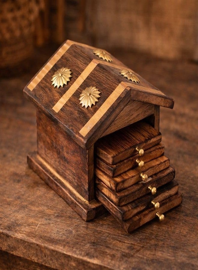 Kundi Handmade Hut Style Wooden Coaster Set with Holder | Hot & Cold Drink Coasters for Tea, Coffee & Dining Table Decor - Image 1